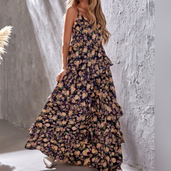 Boho Black Ruffled Floral Cami Dress Small NWOT - Picture 5 of 6